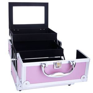 Portatile per il trucco in alluminio rosa con doppia apertura superiore con manico a specchio professionale di bellezza organizzatore cosmetico - Product Image 6