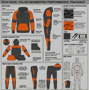 Survêtement à capuche pour homme, noir et orange, à blocs de couleur, manches longues, décontracté, sportswear avec poches latérales, coupe classique, automne - Product Image 4