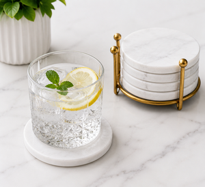 Natural White <b>Marble</b> <b>Coasters</b> Set Brass Holder Modern Stone Mats Non Slip Design Eco-Friendly Handmade 10mm Thick 100mm Diameter - Product Image 2