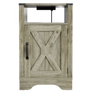 Light Grey Rustic Wooden Farmhouse Nightstand <b>Tall</b> Bedside <b>Table</b> with Electrical Outlets and Charging Station - Product Image 2