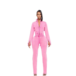 High Quality ACID WASH Distress Embroidery <b>Patch</b> <b>Slim</b> Fit Sweatsuit Flare Sweat Suit Women Two Pullers Wholesale-Sweat-Suits - Product Image 1