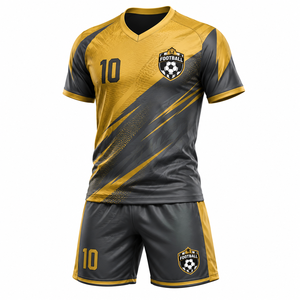 Ensemble de maillots de football personnalisés par sublimation pour hommes, uniforme de football à manches courtes, maillot et short d'équipe, noir et or, respirant, séchage rapide - Product Image 1