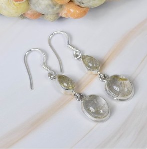 Boucles d'oreilles pendantes en quartz rutilé doré naturel double pierre, en argent sterling 925, faites à la main, vente en gros - Product Image 3
