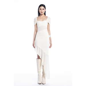 Vestido de mujer de punto de papel de cintura natural trenzado para fiesta, vestido blanco de punto con escote asimétrico y hombros descubiertos - Product Image 1