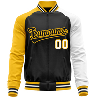 Veste universitaire personnalisée pour homme, noire, jaune et blanche, style baseball, fermeture éclair sur le devant, nom et numéro de l'équipe imprimés, vêtement décontracté pour l'automne