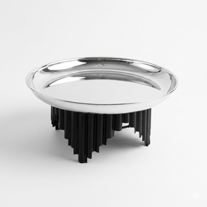 Metal Silver <b>Cake</b> <b>Stand</b> Elevated By Distinctive Fluted Architectural Black Pillars Perfect For Striking Dessert Presentations - Product Image 2