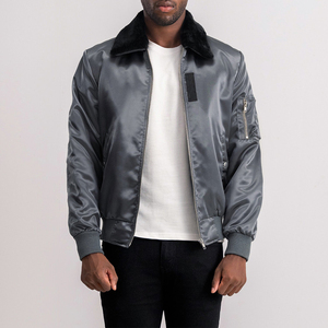 Men Classic Grey Satin Bomber <b>Jacket</b> with Black Faux Fur Collar Zipper Up Shiny Silk Flight <b>Jacket</b> Casual Winter Outerwear Coat - Product Image 4