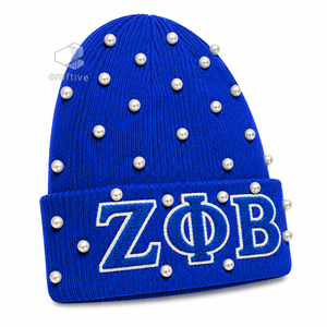 Gorro de Punto Azul con Perlas para Mujer de la Hermandad Zeta Phi Beta, Gorro Casual de Invierno con Letras Griegas Bordadas en Chenilla - Product Image 2