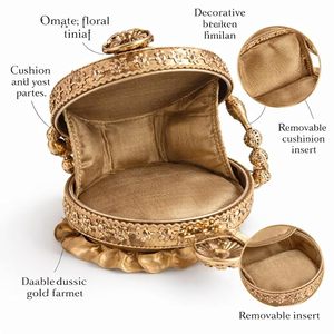 Golden Potli Bag with Floral Design, Traditional Metal Clutch with Beaded Handle, <b>Wedding</b> Bridal Festive Party <b>Accessory</b> - Product Image 2
