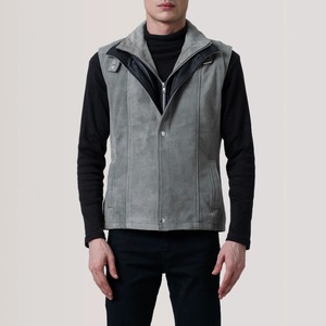 Gilet en daim pour homme RELEVO INDUSTRIES, col montant, fermeture éclair, vêtement décontracté d'automne, coupe ajustée, veste en cuir gris - Product Image 3