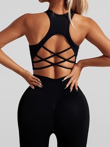 Women 2 Pcs Yoga Suit Strappy Lattice Back Sports Bra and High Waisted Glute Contour Seamless Gym <b>Workout</b> Leggings Set - Product Image 6