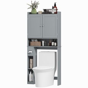 Mobiletto Moderno Grigio in PVC da Posizionare Sopra il WC con 2 Ante e Portarotolo, Unità di Stoccaggio per Uso Ospedaliero - Product Image 1