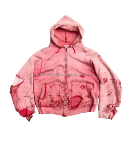 HG2000 OEM Vintage Y2K desgastado Zip-Up ácido lavado sudaderas con capucha de gran tamaño Streetwear doble cremallera parche bordado invierno sol desteñido - Product Image 1