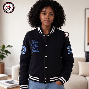 Chaqueta de Motociclista para Mujer, Marca Zeta Phi Beta Sorority, Bordada, Sólida, con Cuerpo de Lana y Mangas de Cuero, Acolchada y Resistente al Viento - Product Image 4