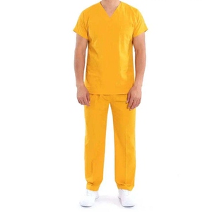 Men Yellow V-Neck Short Sleeve Scrub <b>Top</b> Cotton Polyester Woven Hospital Uniform Set - Product Image 1