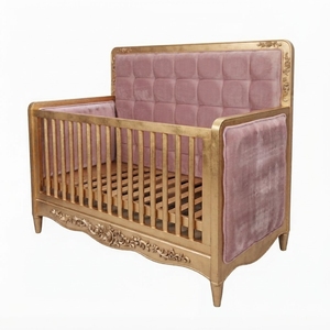 Cuna de bebé tallada a medida de Indonesia con tela de terciopelo y acabado dorado - Product Image 1