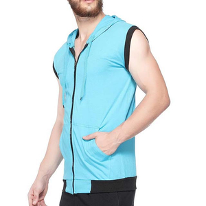 Sweat-shirt sans manches à capuche et fermeture éclair pour homme, couleur unie, décontracté, respirant, tricoté, débardeur d'été, coupe classique, bleu - Product Image 5
