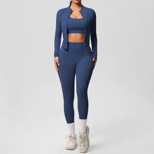 Wholesale Fitness <b>3</b> <b>Piece</b> <b>Women</b> Gym Yoga Wear Set Workout Seamed Solid High Waist Long Sleeve Sports <b>Suit</b> Four-Way Elastic Waist - Product Image 6
