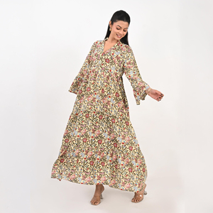 Vestido Largo de Algodón Estampado Bohemio con Mangas Acampanadas, Cuello en V, Ajuste Cómodo, Tela Ligera, para Salidas Casuales, Moda de Verano - Product Image 3