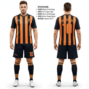 Uniforme de Fútbol Transpirable Naranja con Negro, con Servicios OEM, Uniforme de Fútbol de Venta Caliente, 100% Poliéster con Spandex, Personalizado - Product Image 1