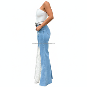 Elegant Breathable Y2K Casual White Lace Patchwork Denim Flare Pants Women High Stretch Retro <b>Bell</b> Bottom Wholesale OEM/ODM - Product Image 2