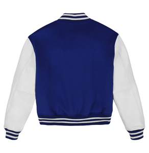 แจ็คเก็ตวาร์ซิตี้สีน้ำเงินสำหรับผู้ชายยี่ห้อ Avirex แบบ OEM ODM แขนเสื้อสีขาว ปักโลโก้ ผลิตจากวัสดุเป็นมิตรต่อสิ่งแวดล้อม ผ้าวูล/วิสโคส สไตล์เพรปปี้ ทรงปกติ - Product Image 2