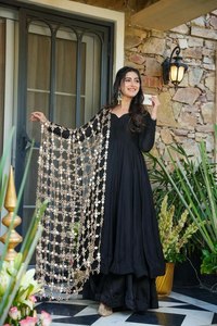 Conjunto de Salwar Kameez de Seda para Mujer, Estilo Étnico, Multicolor, Liso, Elegante, con Gran Vuelo, para Fiestas de Invierno y Uso Diario - Product Image 2