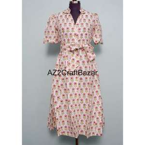 ชุดเดรสลำลองสไตล์หวานสำหรับใส่ไปทำงานหรือไปงานปาร์ตี้  ลายดอกพิมพ์ลายบล็อกด้วยมือ  ผ้าฝ้ายถัก  ทรงคังกูร่า  สวยงาม  ใส่สบาย - Product Image 3