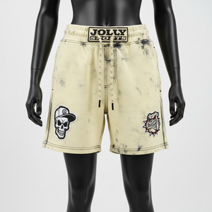 Shorts décontractés pour femmes en coton doux et tissu polaire polyester 280GSM, couleur crème vintage, avec logo personnalisé, effet délavé à l'acide. - Product Image 6