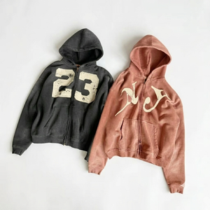 Custom Vintage Wash Full <b>Zip</b> Fleece Hoodie Heavy Weight Cotton Distressed Mens Streetwear Eco-Friendly Retro Style Pocket - Product Image 1