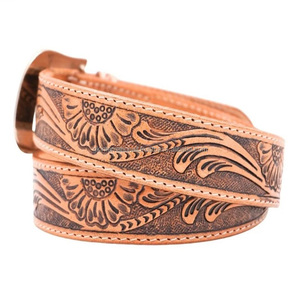 Custom Hand Carved Floral <b>Engraved</b> Vegetable Tanned Western Leather <b>Tooling</b> Belt with Designer Brass Pin buckle - Product Image 2