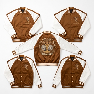 En gros Blouson universitaire bomber en satin à manches raglan et boutons-pression, marron et or pâle, avec broderie au dos sur le thème du travail, de l'artisanat et du travail du bois - Product Image 3
