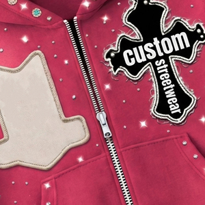 Sweat à capuche unisexe tendance streetwear surdimensionné avec fermeture éclair et strass personnalisés, en tissu 100% coton - Product Image 3