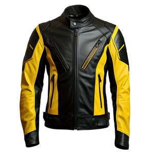 Blouson de moto en cuir noir et jaune pour homme, manches longues, color-block, toutes saisons - Product Image 6