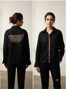 Conjunto de Camisa y Pantalones Bordados Negros para Mujer, Manga Larga, Cuello con Solapa, Puños Decorativos, Diseño Elegante, Ropa Casual de Oficina - Product Image 6