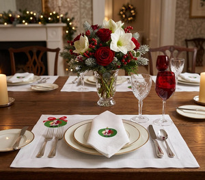Custom Embroidery Christmas Green Ornaments Placemat & Napkin Set Home Restaurant Use 100% Cotton Machine Washable Luxury Style - Product Image 1