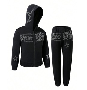 Survêtements unisexes à strass, coupe ample, sweat à capuche et pantalon évasé, pour hommes, entièrement ornés de pierres, 100% coton, épais, OEM - Product Image 1