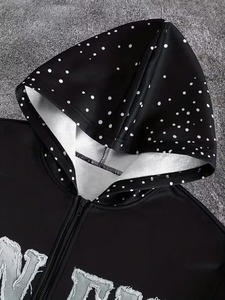 Conjunto de chándal de peso pesado y talla grande con sudadera con capucha con cremallera, efecto salpicado y pedrería brillante, y pantalones de chándal de doble cintura - Product Image 4