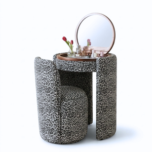 White Leopard Dressing <b>Table</b> Set with Flip Round Mirror & <b>Stool</b> Compact Bedroom <b>Vanity</b> Multi Colors Available for Wholesale - Product Image 1