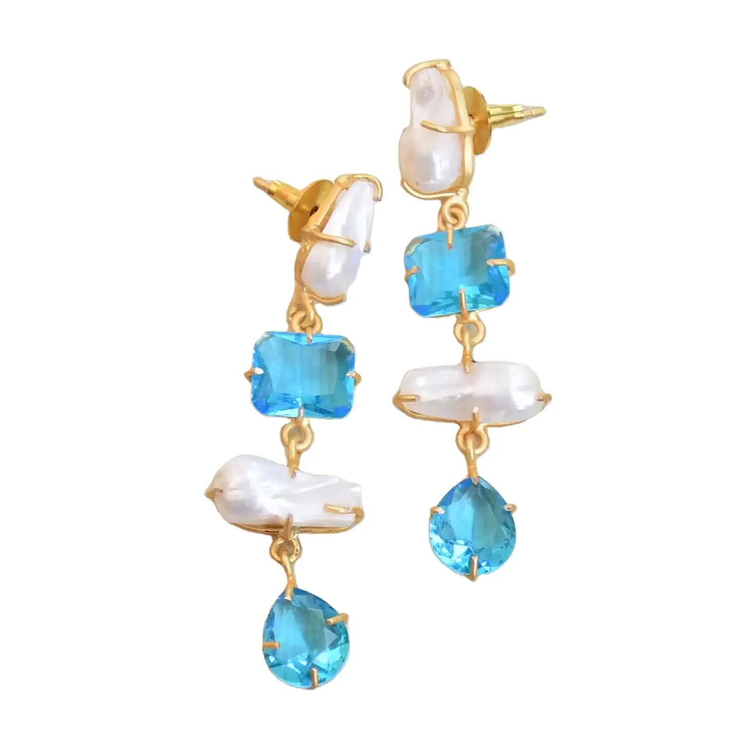Blue stone long drop earring natural Freshwater Pearl studded dangle earring gold plated prong setting party wear dangler Jewels