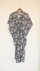 Vestido Kaftan Gris con Estampado de Bloques para Mujer, Cuello en V, Estilo Boho, Algodón, Cómodo, Holgado, Vestido Largo de Verano - Product Image 6