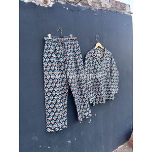 Conjunto de Pijama de Algodón para Mujer, Estampado Floral, Manga Larga, Corte Holgado, Dos Piezas, Cuello en V, Largo hasta la Pantorrilla - Product Image 3