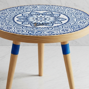 Handcrafted Round Decorative Accent <b>Stool</b> <b>with</b> Natural Wood Legs Blue Geometric Pattern Wooden <b>Stool</b> - Product Image 5