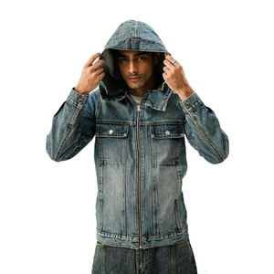 Chaqueta Vaquera para Hombre con Capucha, Cierre de Cremallera, Color Sólido, Casual, Manga Larga, Lavado a la Piedra, Corte Regular, 100% Algodón Tejido - Product Image 5