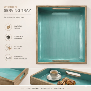 Plateau de service rectangulaire en bois de manguier émaillé turquoise avec poignées pour le petit-déjeuner, les boissons, les collations, la table à manger et la maison - Product Image 4