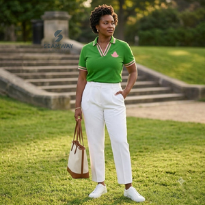 Alpha | Kapa | Alpha Sorority Polo Shirt Women's Green Pink Stripe V-Neck Pique Short Sleeve Knit Embroidered Crest Collared Tee - Product Image 5