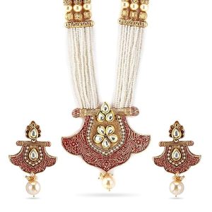 Ensemble collier et boucles d'oreilles ethniques en alliage de zinc plaqué or avec motif de fleurs en perles d'imitation pour les bijoux de mariage pour femmes - Product Image 1