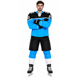 Maillot de hockey sur glace pour homme, bleu et noir, sublimé, col en V, manches longues, évacuation de l'humidité, coupe classique, vêtements pour adultes - Product Image 2