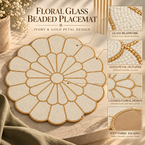 Floral Glass <b>Beaded</b> <b>Placemat</b> Ivory Gold Petal Table Mat Handmade Dining Decor Layered Flower Design | Elegant Table Setting mats - Product Image 5