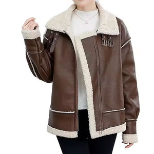 Veste de moto pour femme avec fermeture éclair, doublure en fausse fourrure, col montant, coupe-vent, légère, manteau d'hiver - Cuir véritable Moto - Product Image 5
